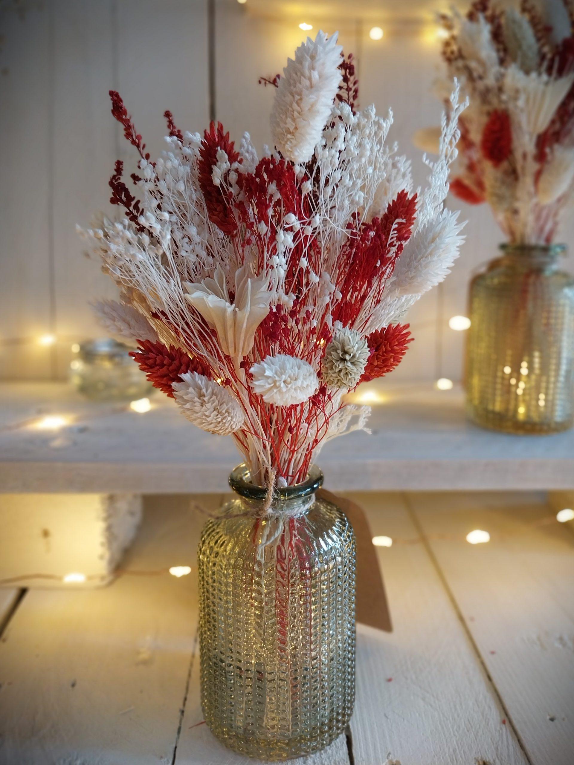 Petit bouquets de fleurs séchées Solidago Rouge et son vase